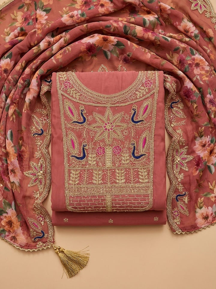 Onion Pink Chanderi Embroidered Unstitched Dress Material