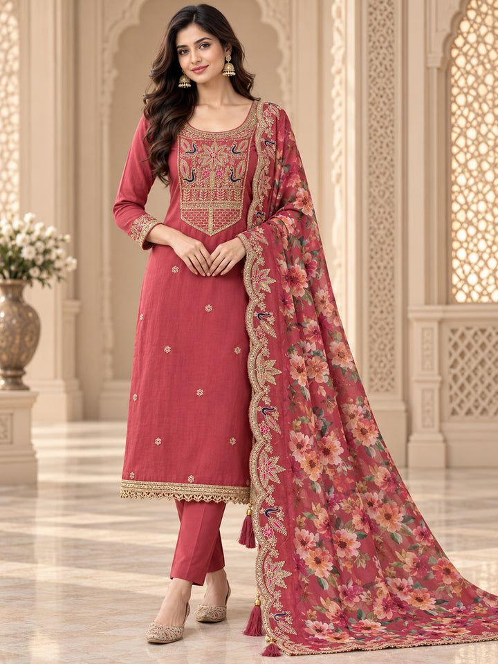Onion Pink Chanderi Embroidered Unstitched Dress Material