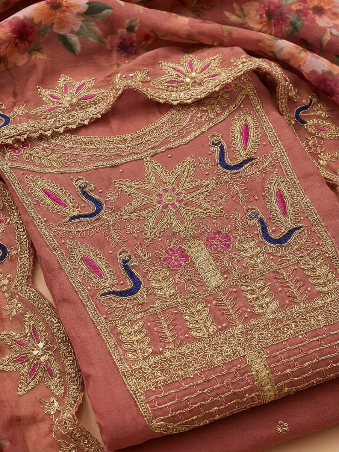 Onion Pink Chanderi Embroidered Unstitched Dress Material