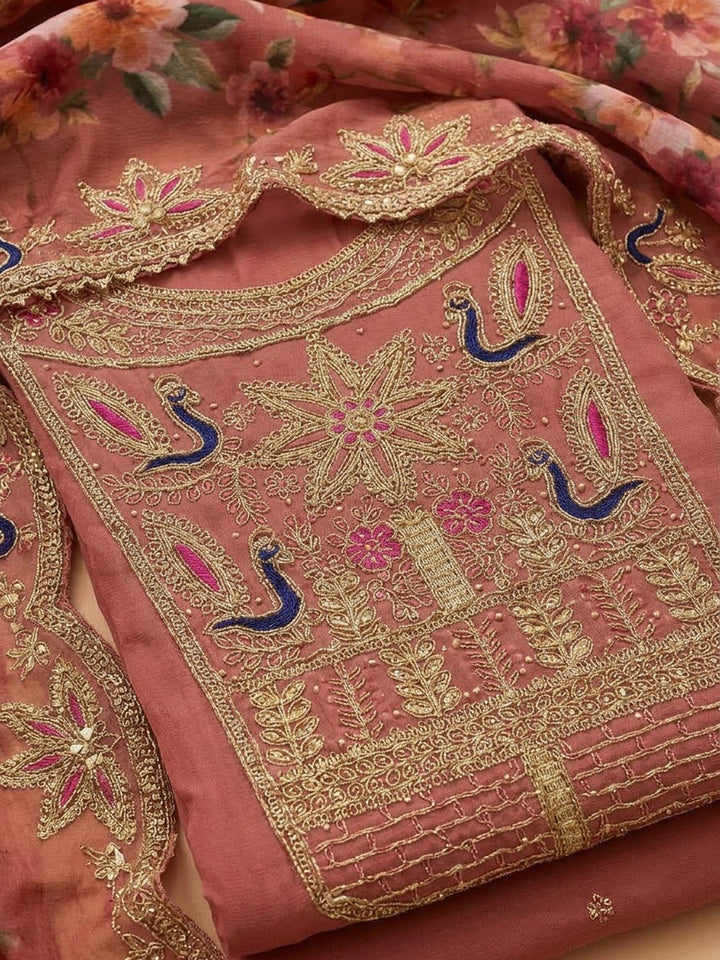 Onion Pink Chanderi Embroidered Unstitched Dress Material