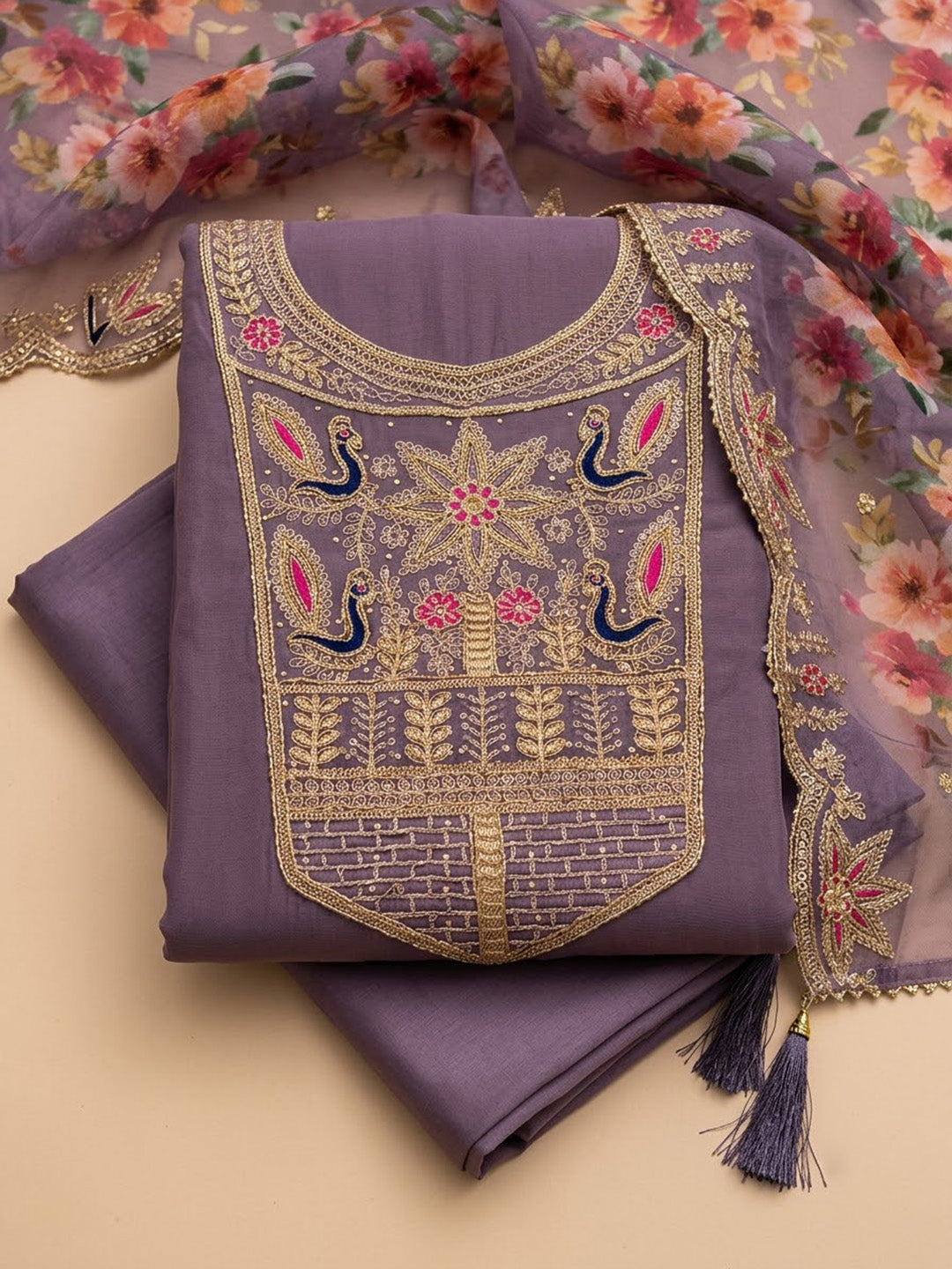 Purple Chanderi Embroidered Unstitched Dress Material