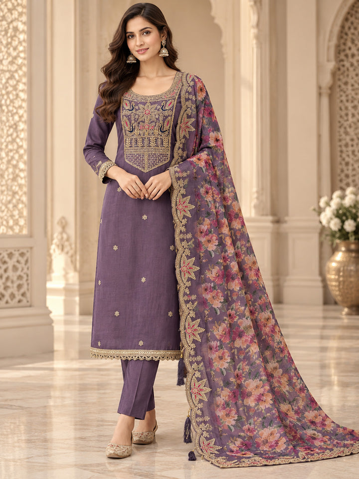 Purple Chanderi Embroidered Unstitched Dress Material
