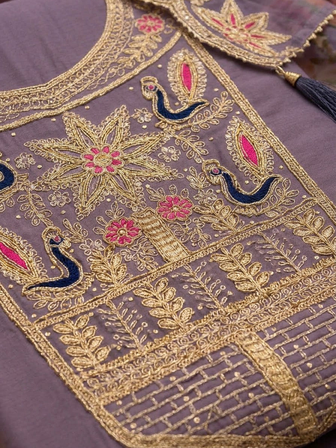 Purple Chanderi Embroidered Unstitched Dress Material