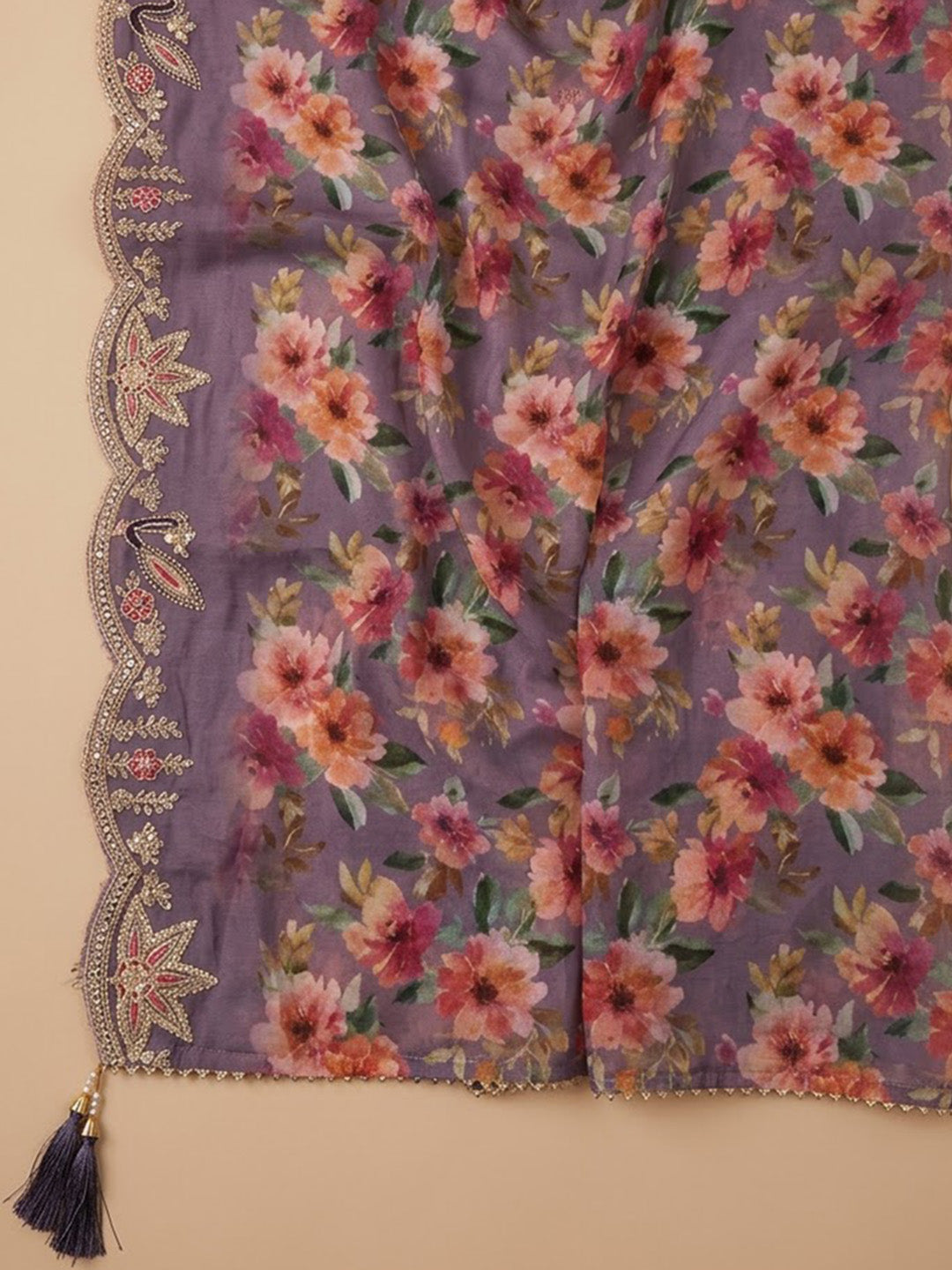 Purple Chanderi Embroidered Unstitched Dress Material