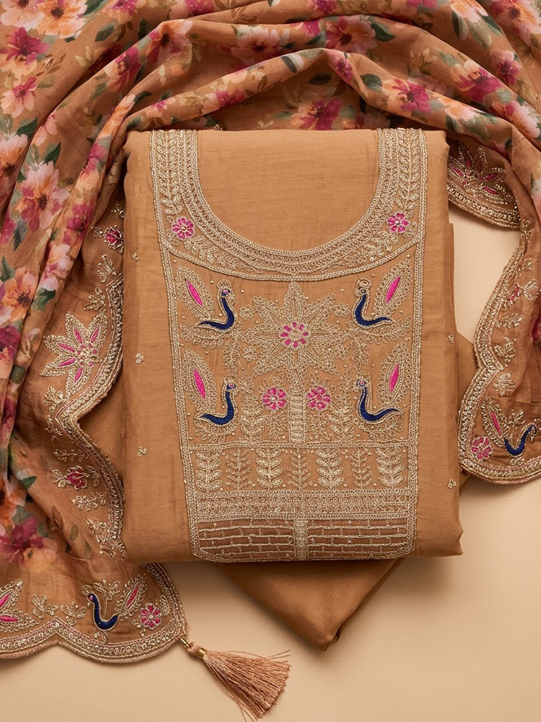 Rust Chanderi Embroidered Unstitched Dress Material