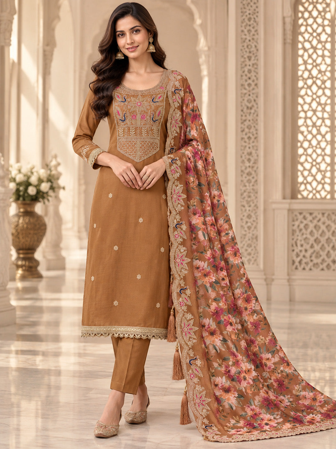 Rust Chanderi Embroidered Unstitched Dress Material