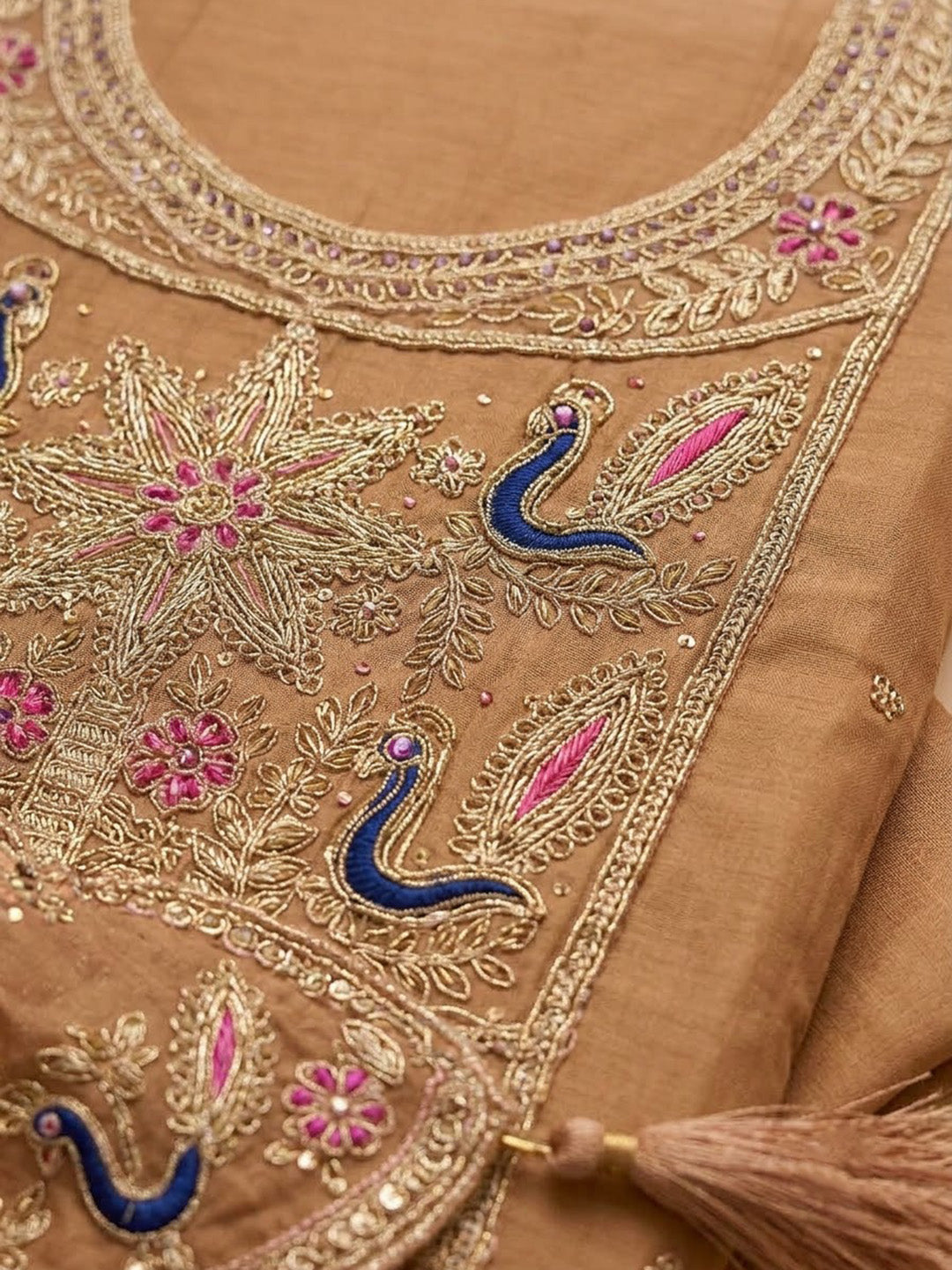 Rust Chanderi Embroidered Unstitched Dress Material
