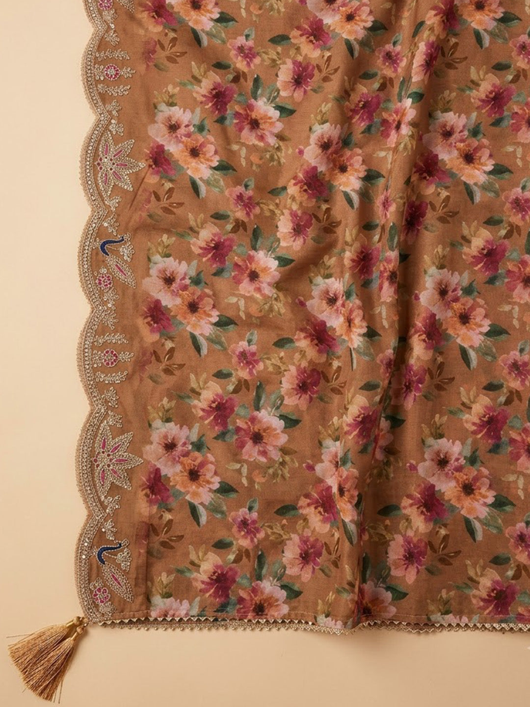 Rust Chanderi Embroidered Unstitched Dress Material
