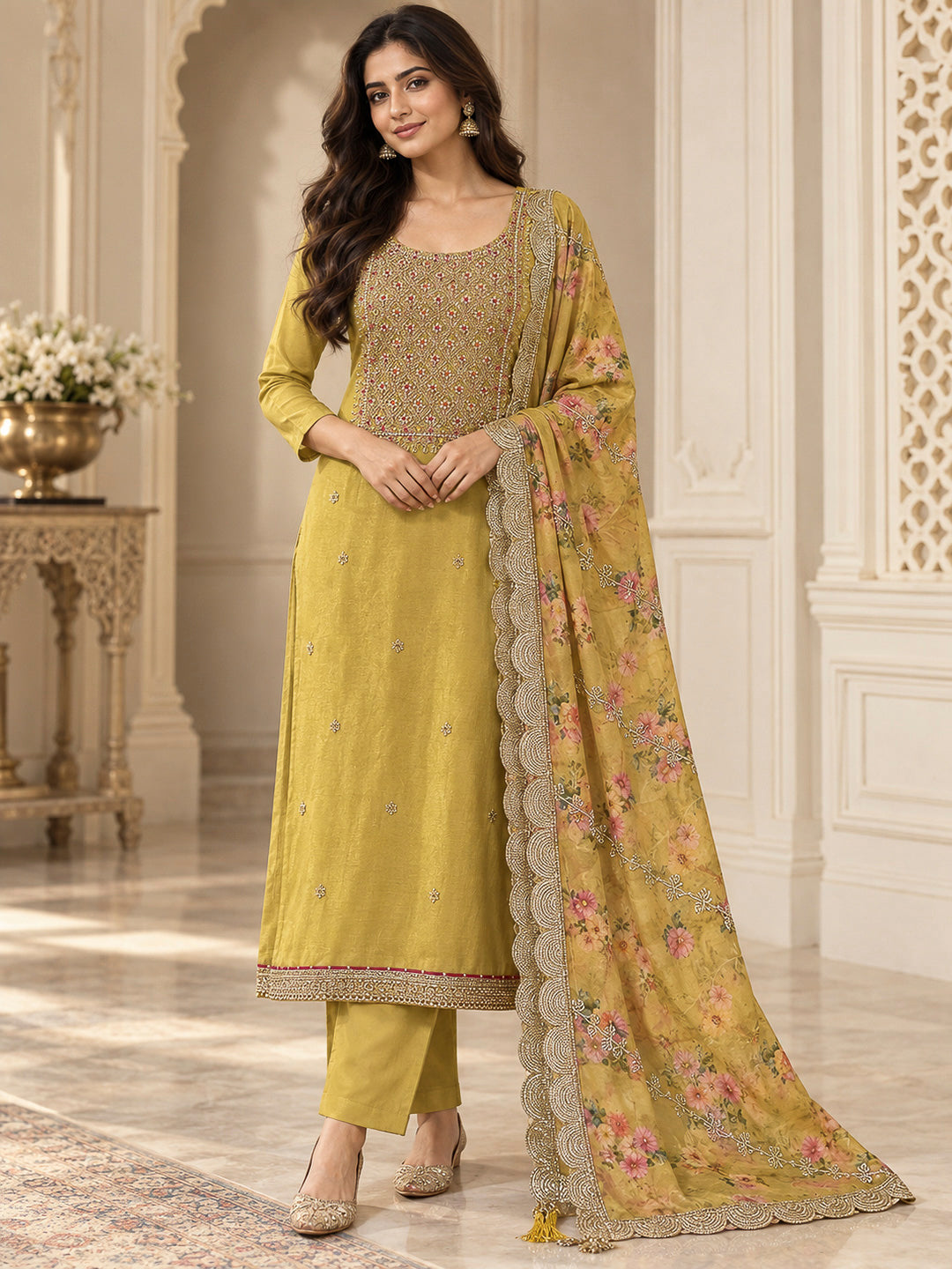 Mustard Organza Embroidered Unstitched Dress Material
