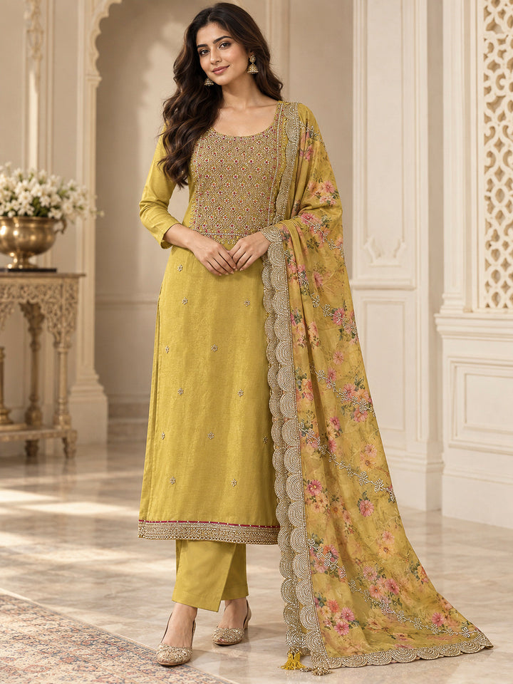 Mustard Organza Embroidered Unstitched Dress Material