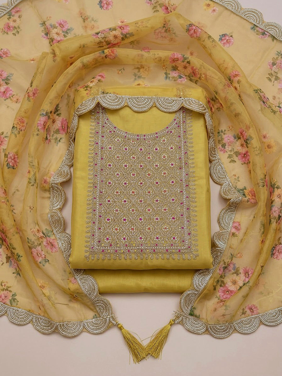 Mustard Organza Embroidered Unstitched Dress Material