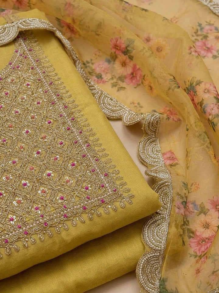 Mustard Organza Embroidered Unstitched Dress Material