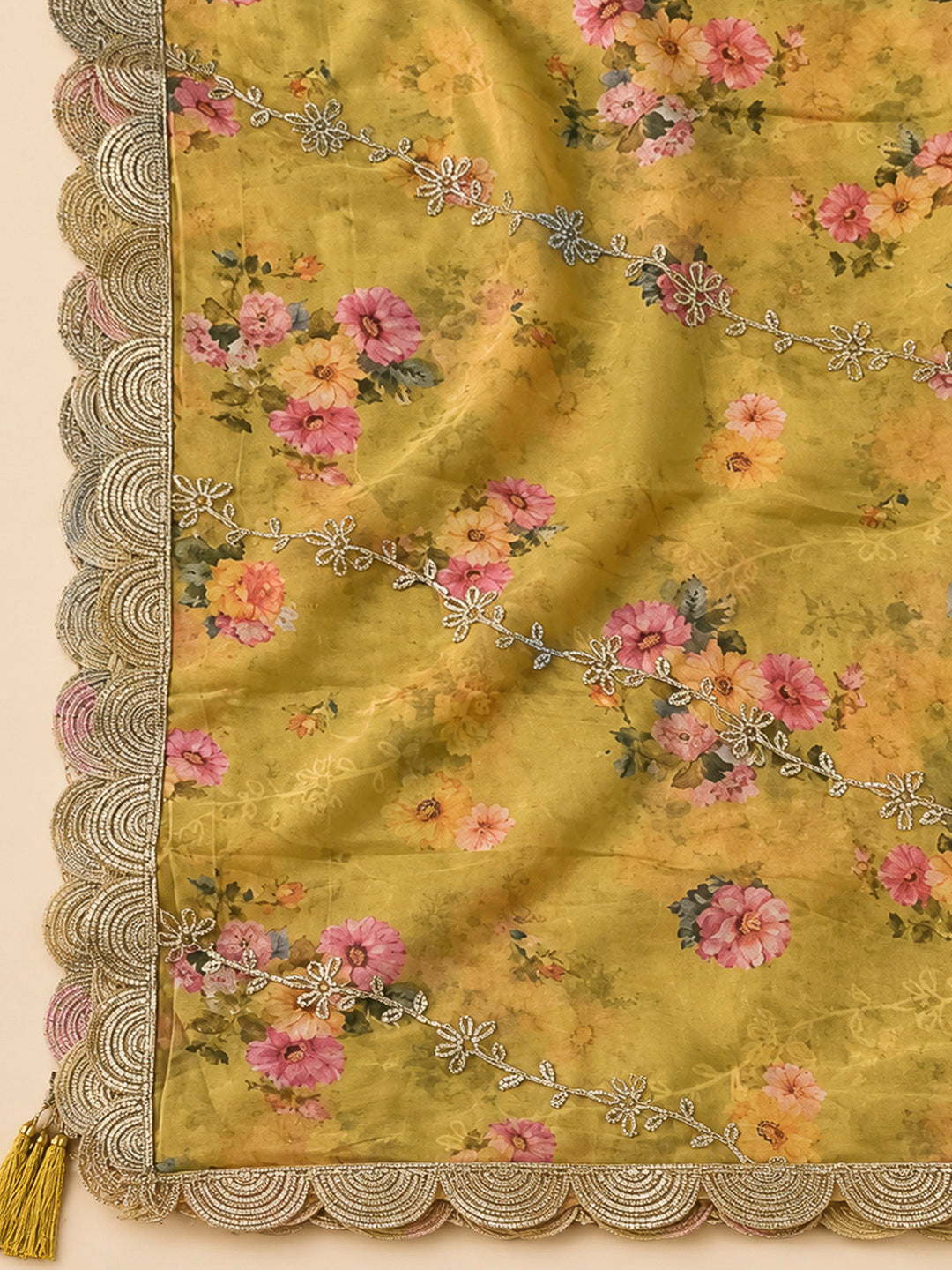 Mustard Organza Embroidered Unstitched Dress Material