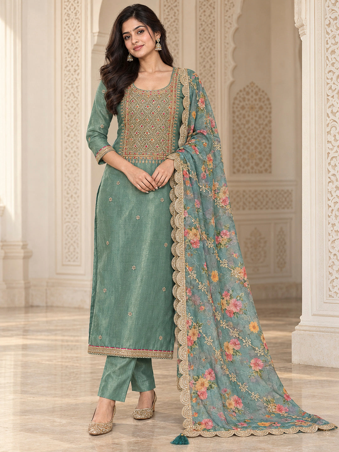 Sea Green Organza Embroidered Unstitched Dress Material