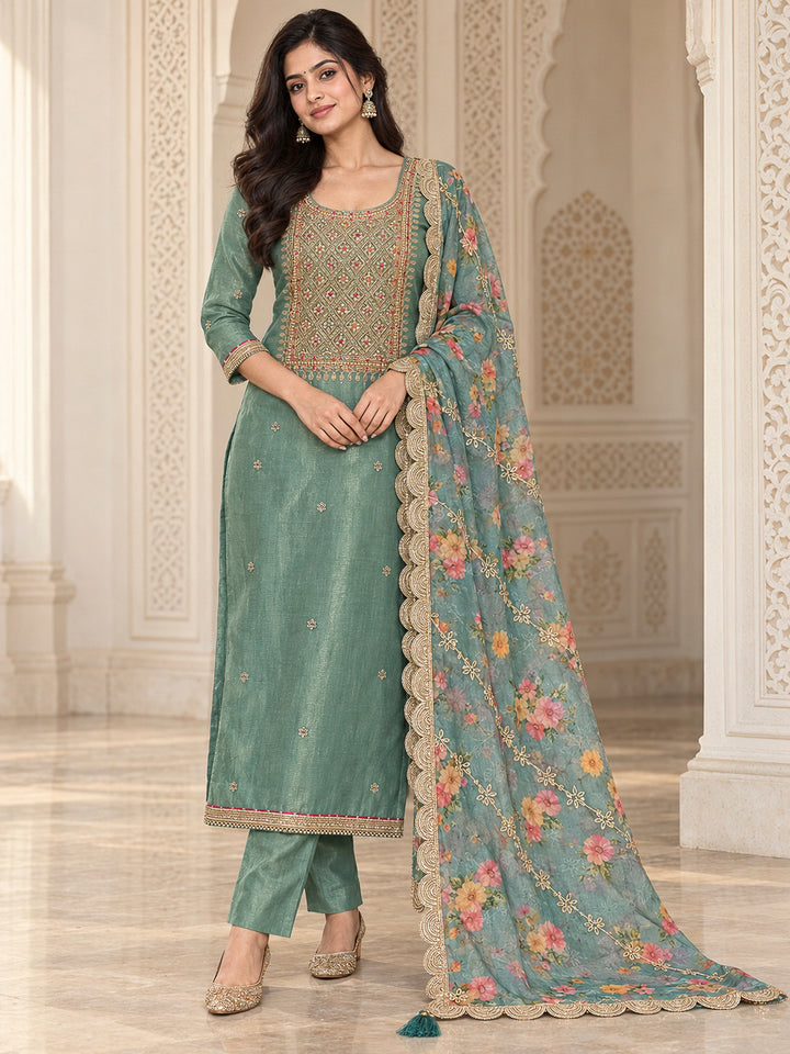 Sea Green Organza Embroidered Unstitched Dress Material