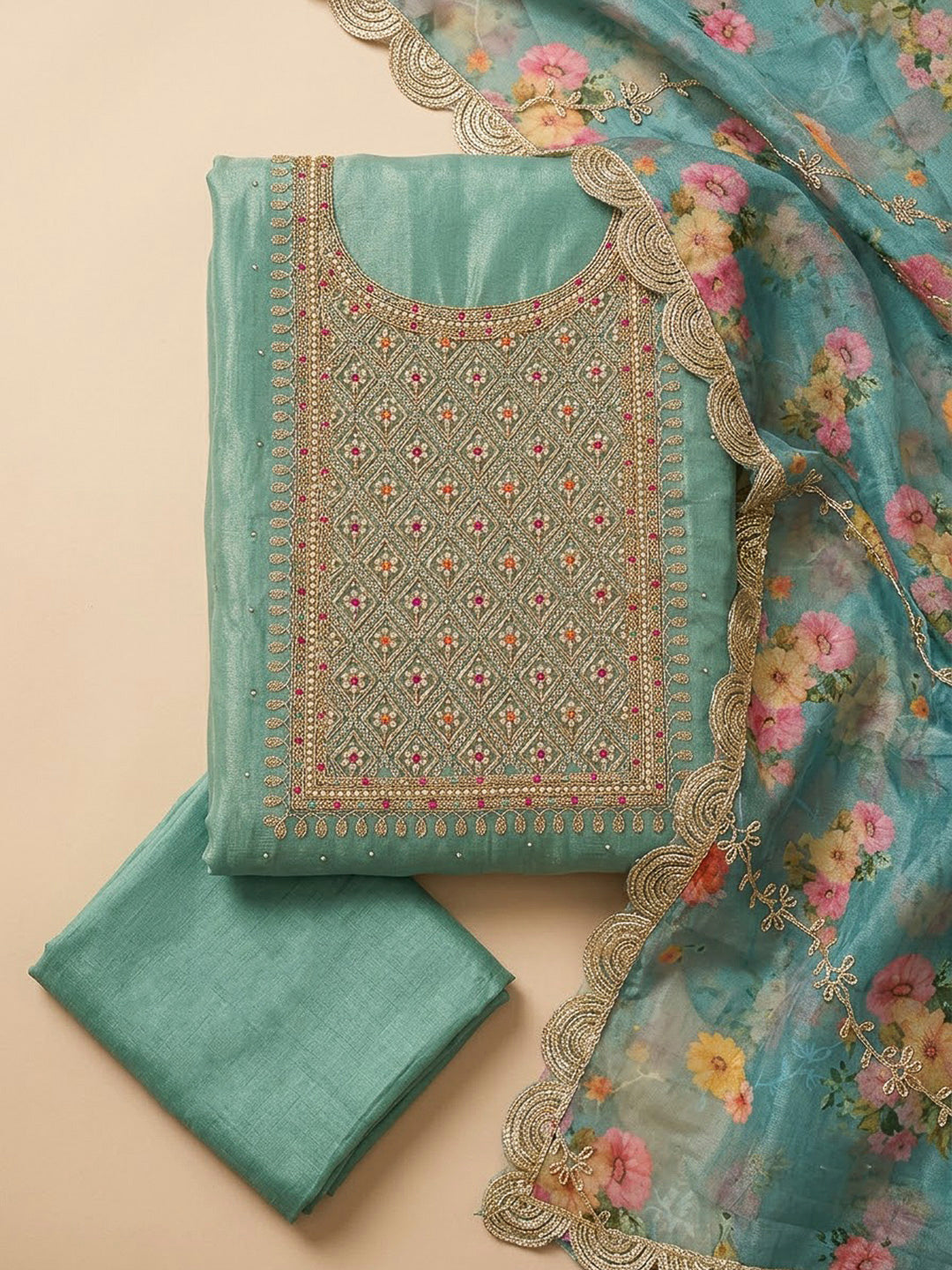 Sea Green Organza Embroidered Unstitched Dress Material