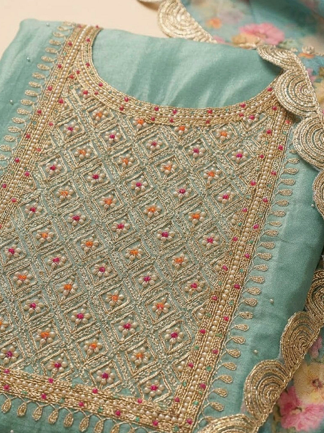 Sea Green Organza Embroidered Unstitched Dress Material