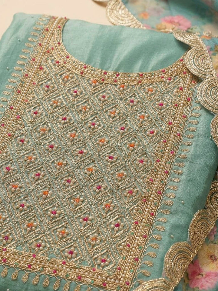 Sea Green Organza Embroidered Unstitched Dress Material