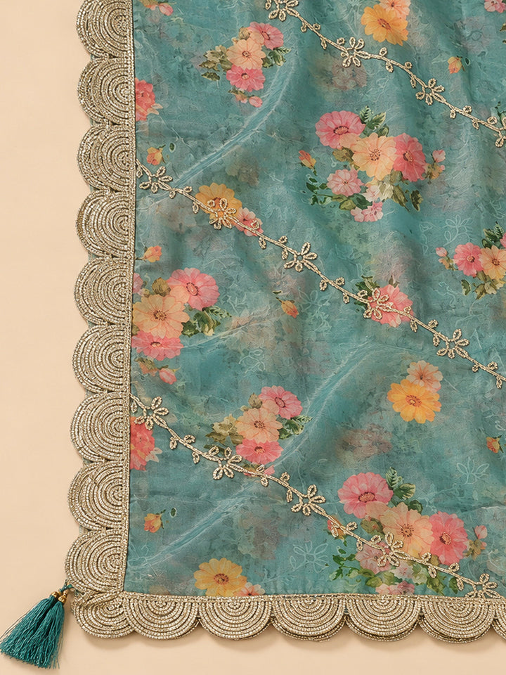 Sea Green Organza Embroidered Unstitched Dress Material