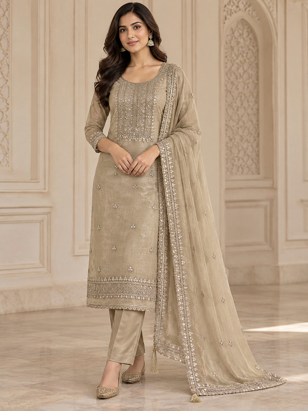 Beige Organza Embroidered Unstitched Dress Material