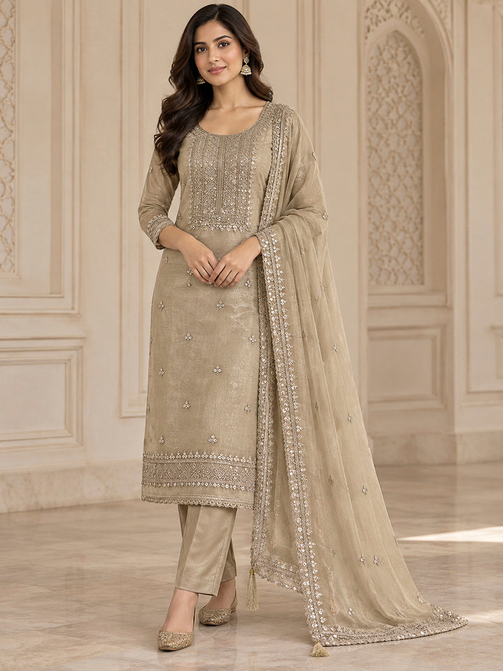 Beige Organza Embroidered Unstitched Dress Material
