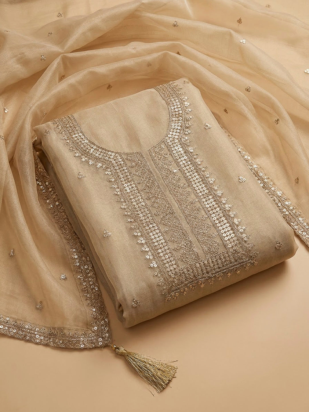 Beige Organza Embroidered Unstitched Dress Material