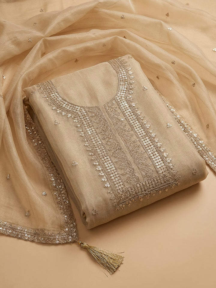 Beige Organza Embroidered Unstitched Dress Material
