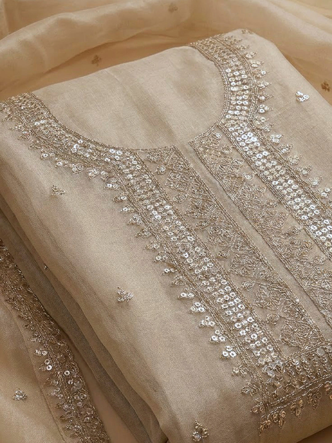 Beige Organza Embroidered Unstitched Dress Material