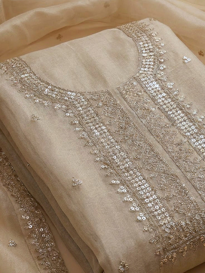 Beige Organza Embroidered Unstitched Dress Material