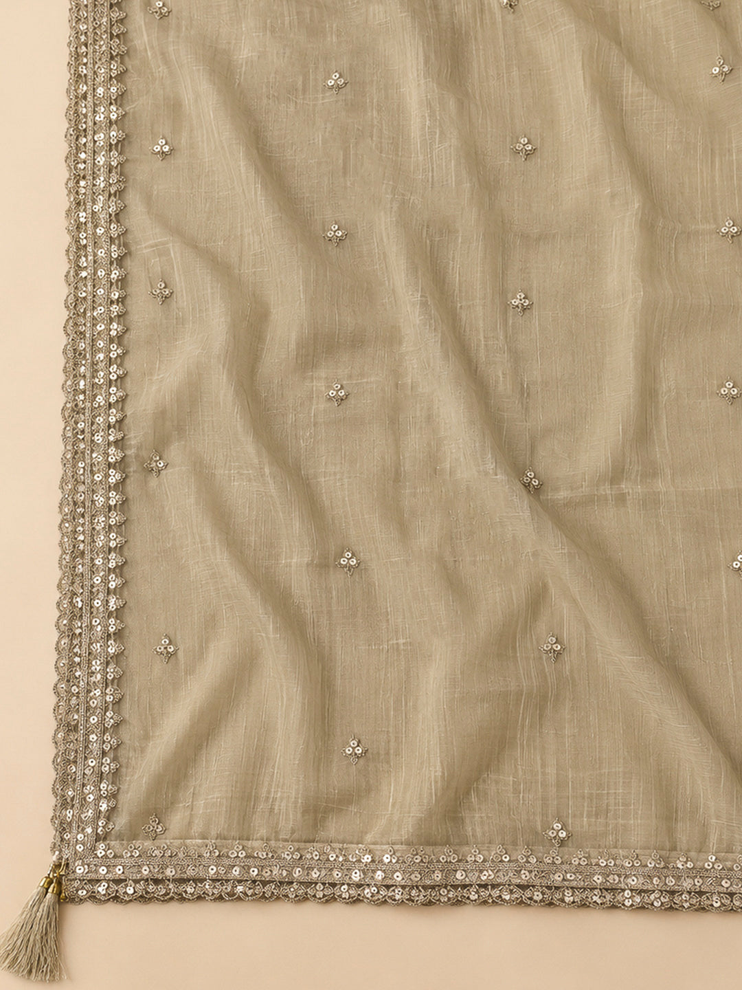 Beige Organza Embroidered Unstitched Dress Material