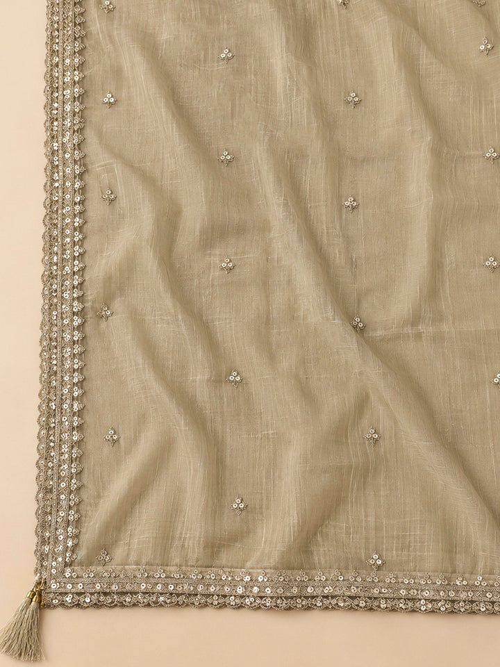 Beige Organza Embroidered Unstitched Dress Material