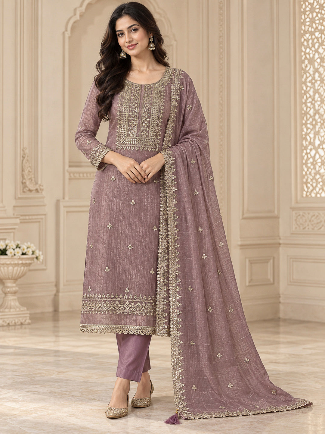 Onion Pink Organza Embroidered Unstitched Dress Material
