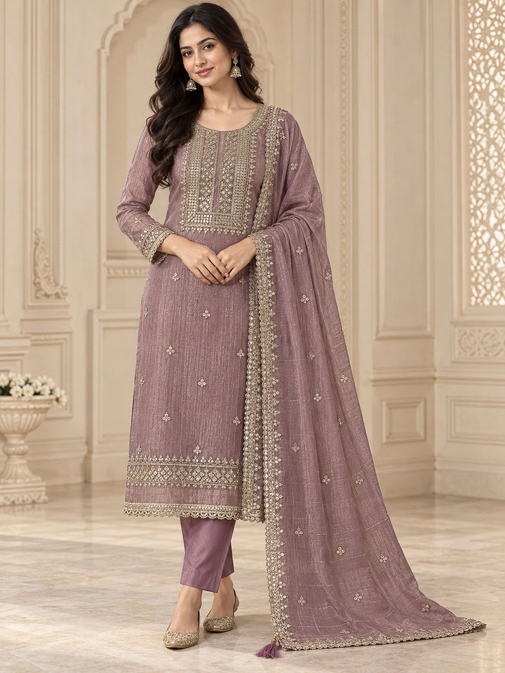 Onion Pink Organza Embroidered Unstitched Dress Material