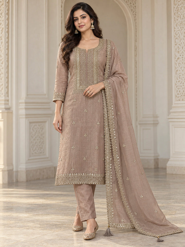 Peach Organza Embroidered Unstitched Dress Material
