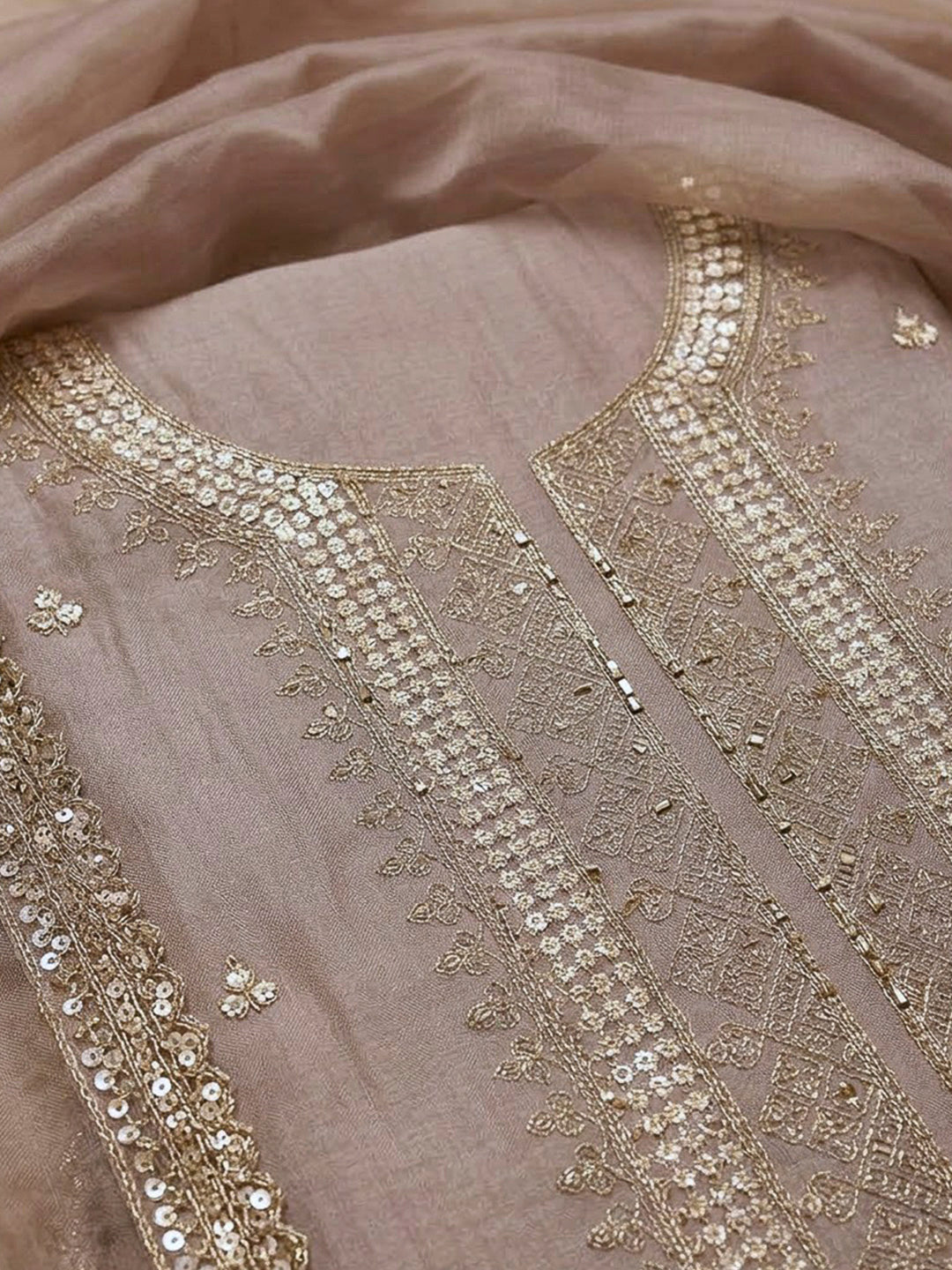 Peach Organza Embroidered Unstitched Dress Material
