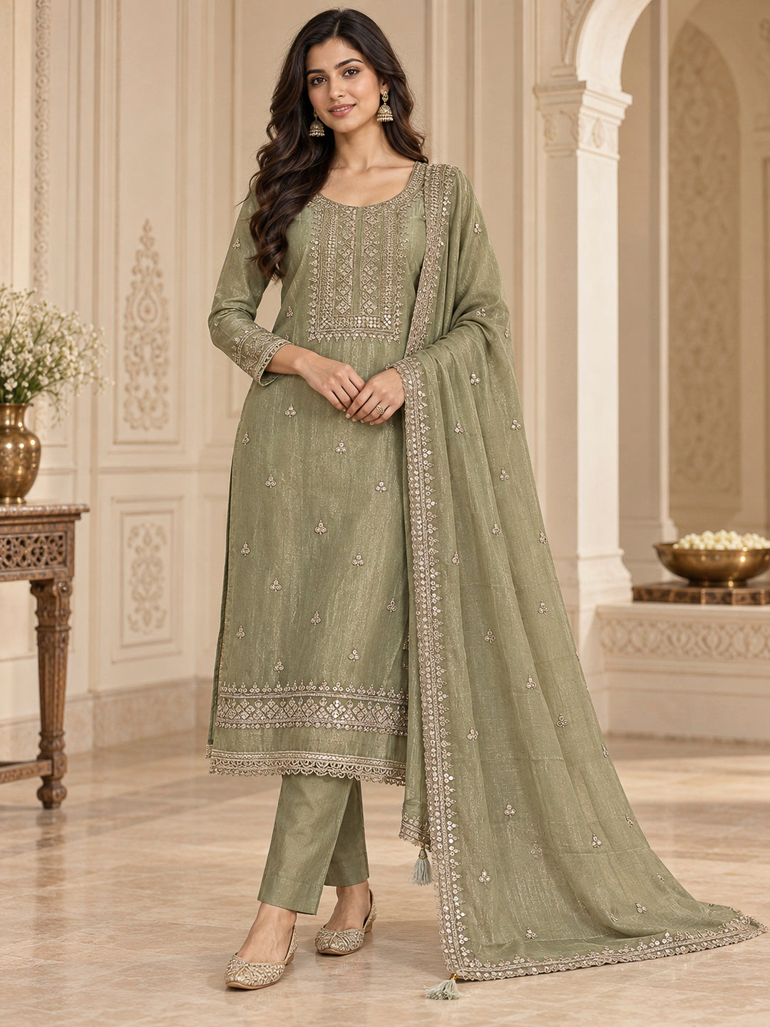 Pista Green Organza Embroidered Unstitched Dress Material