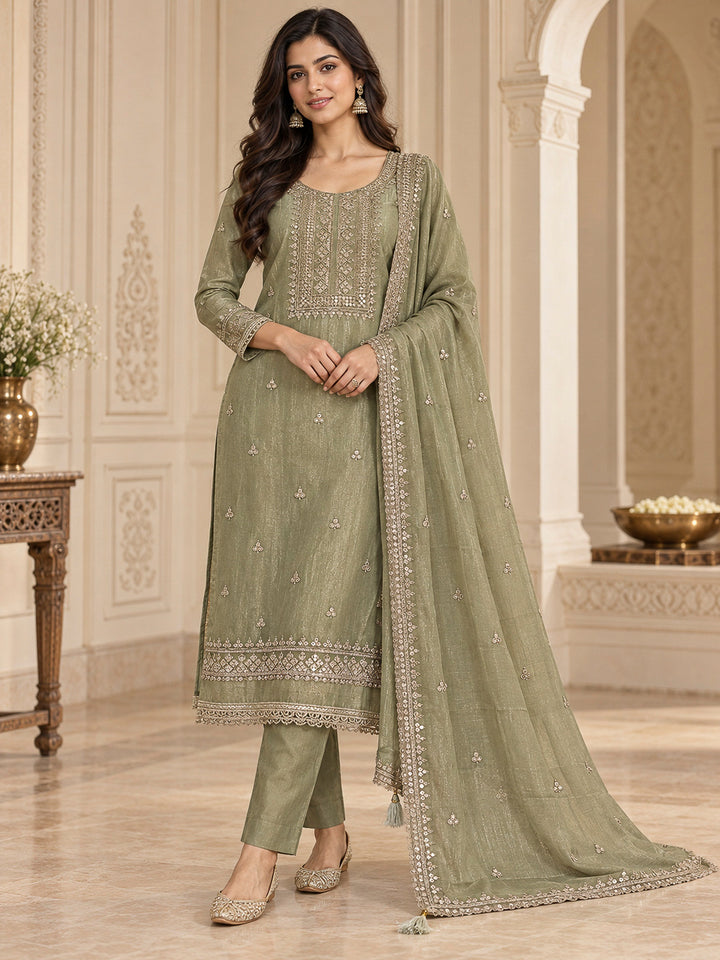 Pista Green Organza Embroidered Unstitched Dress Material