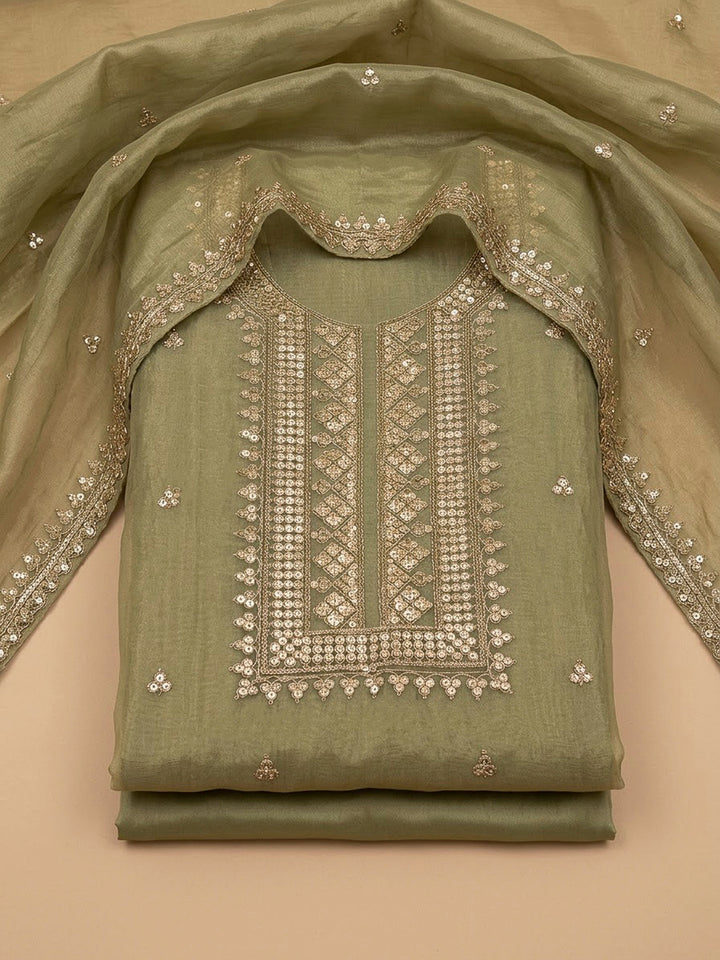 Pista Green Organza Embroidered Unstitched Dress Material