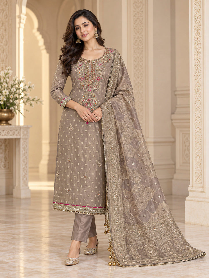 Brown Chanderi Embroidered Unstitched Dress Material