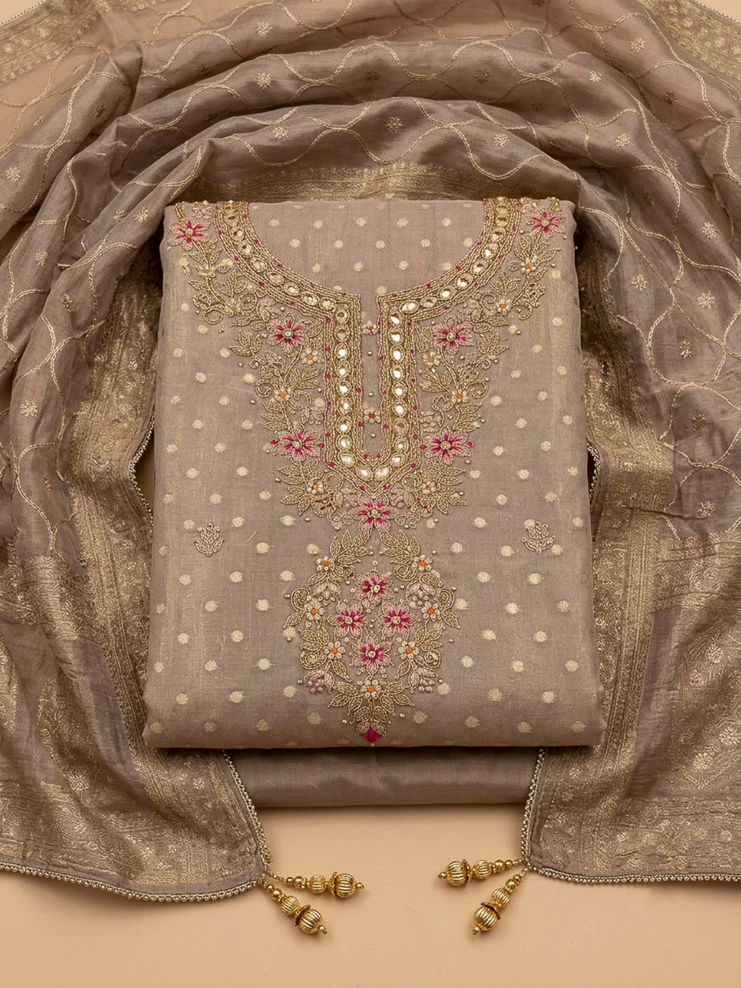 Brown Chanderi Embroidered Unstitched Dress Material