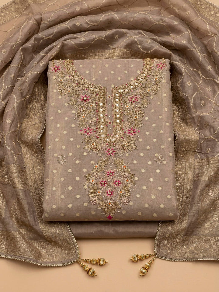 Brown Chanderi Embroidered Unstitched Dress Material