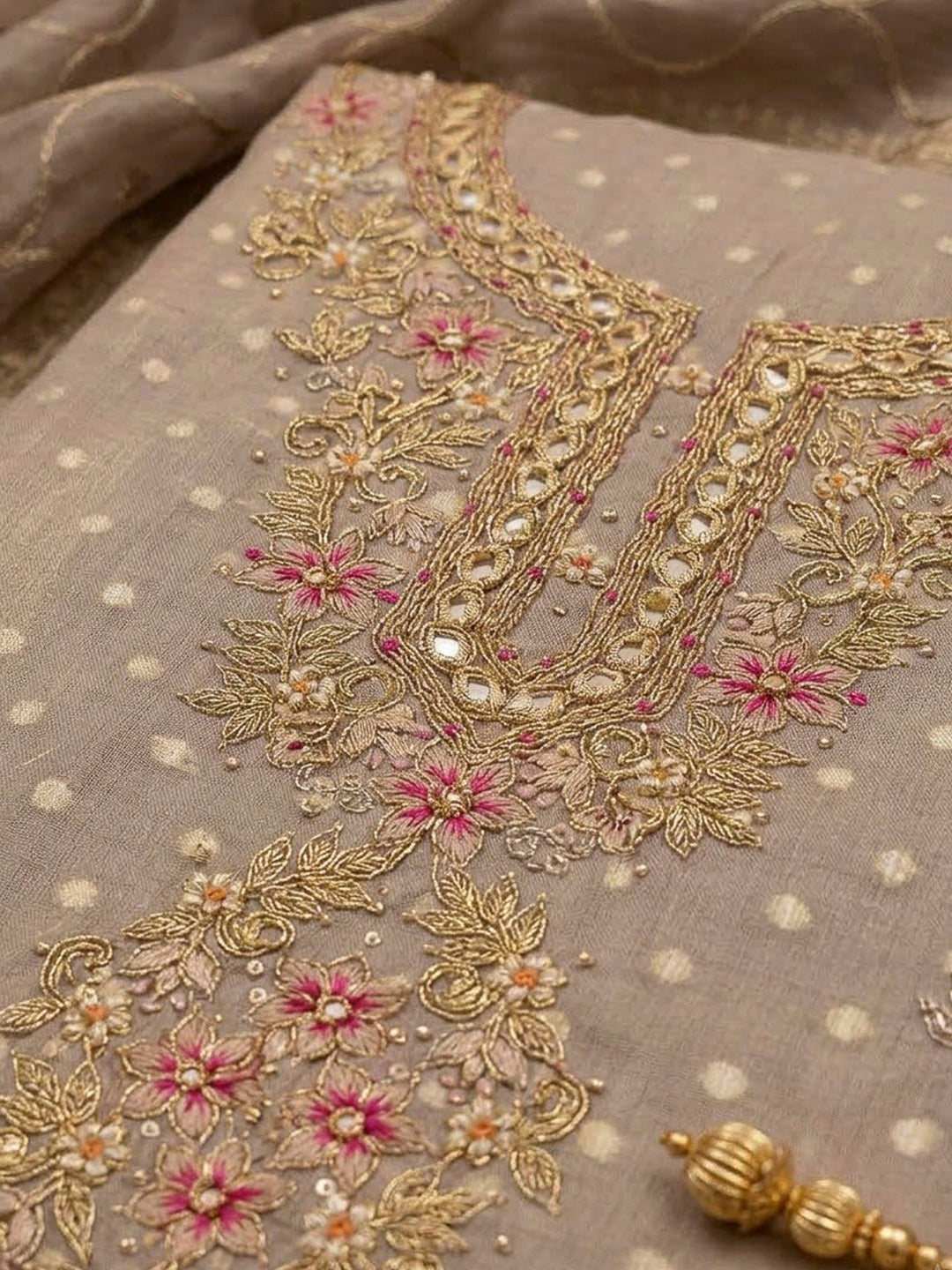 Brown Chanderi Embroidered Unstitched Dress Material