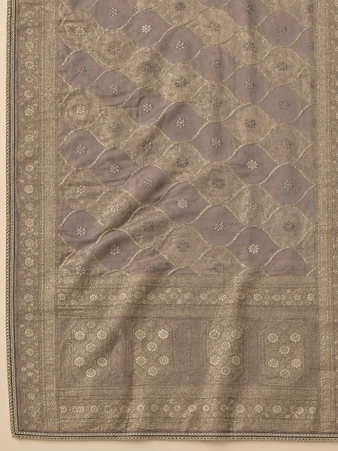 Brown Chanderi Embroidered Unstitched Dress Material