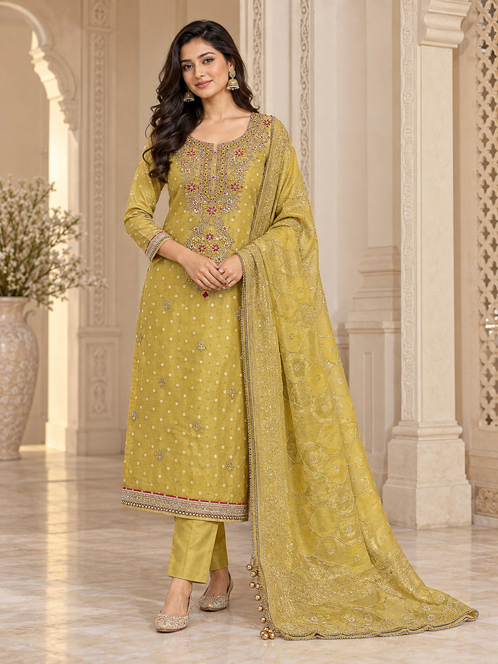 Mustard Chanderi Embroidered Unstitched Dress Material
