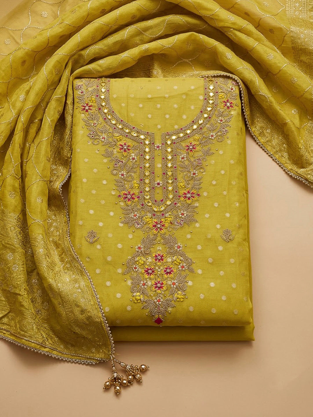 Mustard Chanderi Embroidered Unstitched Dress Material