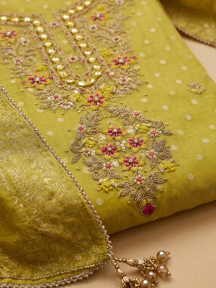 Mustard Chanderi Embroidered Unstitched Dress Material