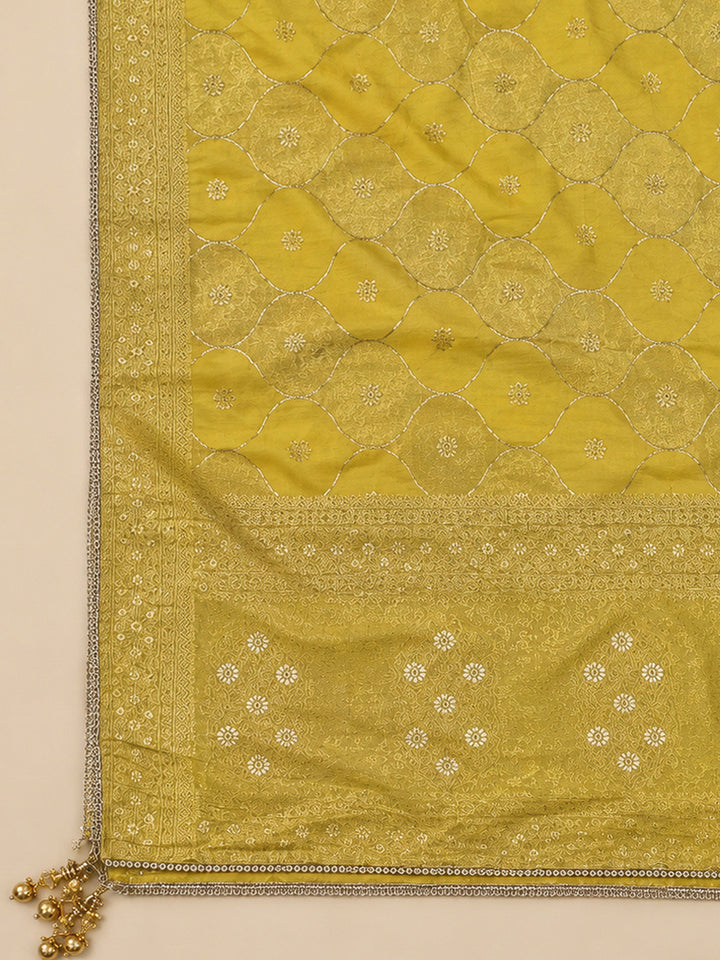 Mustard Chanderi Embroidered Unstitched Dress Material