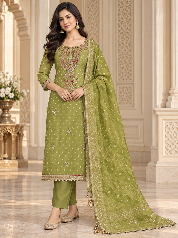Pista Green Chanderi Embroidered Unstitched Dress Material