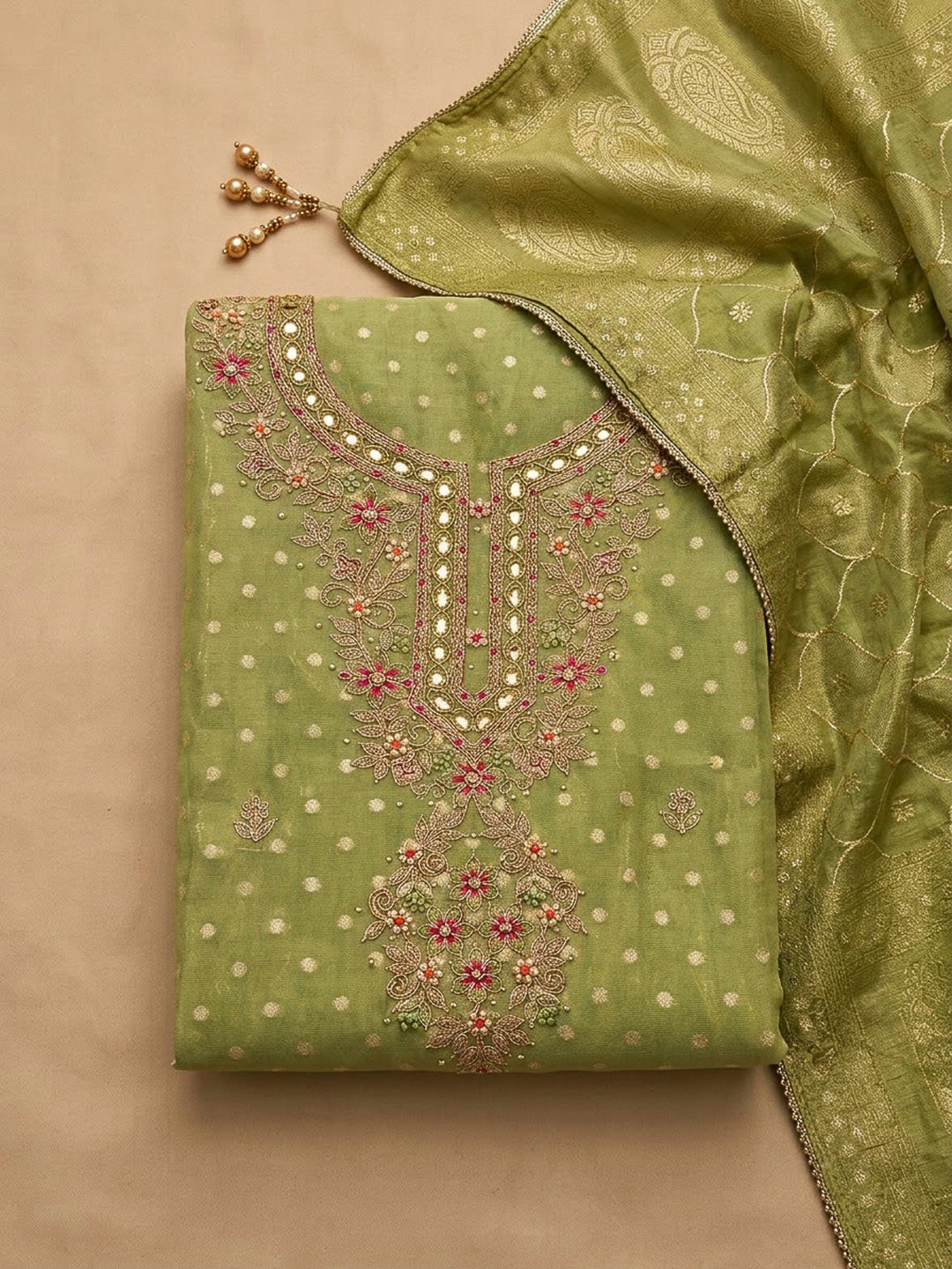 Pista Green Chanderi Embroidered Unstitched Dress Material