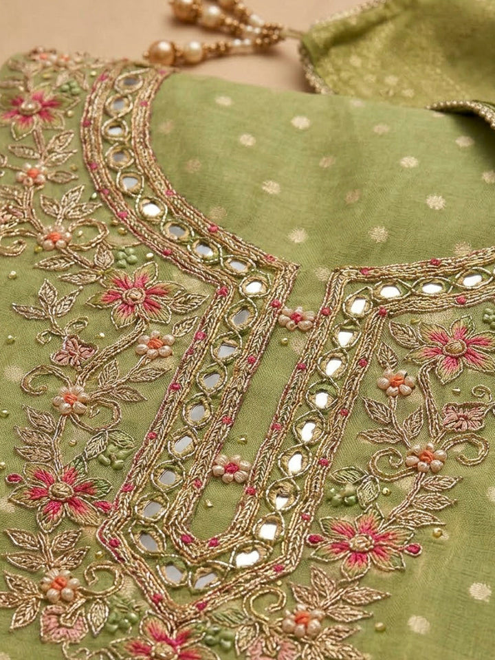 Pista Green Chanderi Embroidered Unstitched Dress Material